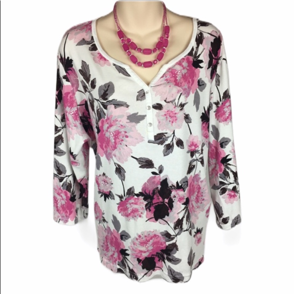 Croft & Barrow Floral 100% Cotton Top Pink/GrayXXL